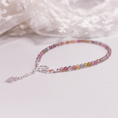 森系天然糖果色碧玺手链旺夫石招桃花手串纯银简约韩版气质水晶送女朋友老婆情人节七夕生日礼物