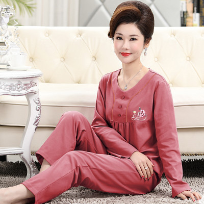 秋冬季中老年妈妈睡衣女士长袖高档棉质宽松大码家居服套装可外穿