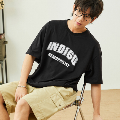 [1折价29元]唐狮新款男短袖T恤字母印花纯色国潮纯棉日系宽松圆领上衣