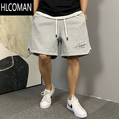 HLCOMAN夏季美式休闲痞帅刺绣灰色短裤男宽松潮牌高街运动5五分裤子