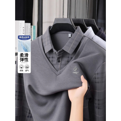 新款假两件长袖T恤男士翻领商务休闲爸爸装