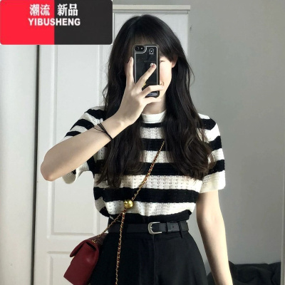 YIBUSHENG港味条纹冰丝针织衫正肩短袖t恤女显瘦设计感小众短款别致上衣