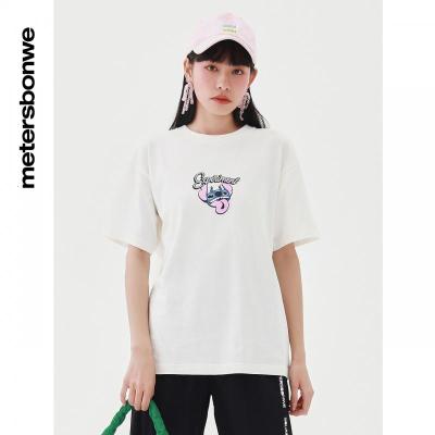 [1件5折价:49.5]美特斯邦威史迪奇联名短袖T恤女夏季新款印花宽松上衣女