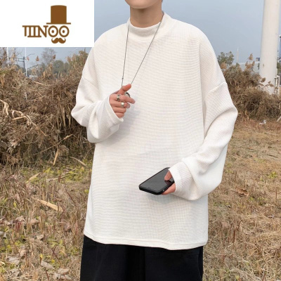 YANXU华夫格打底衫男半高领宽松潮流纯色长袖t恤新款内搭卫衣嘻哈