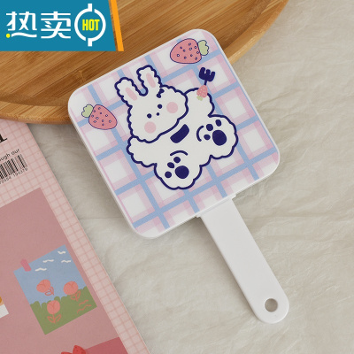 敬平创意小镜子梳子一体少女心化妆镜便携随身宿舍可爱手持网红梳妆镜 格子小兔便携式用镜