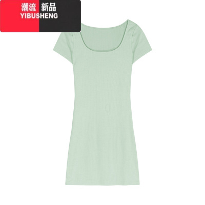 YIBUSHENG薄荷绿u领短袖针织连衣裙女季纯欲风性感修身显瘦包臀裙短裙子