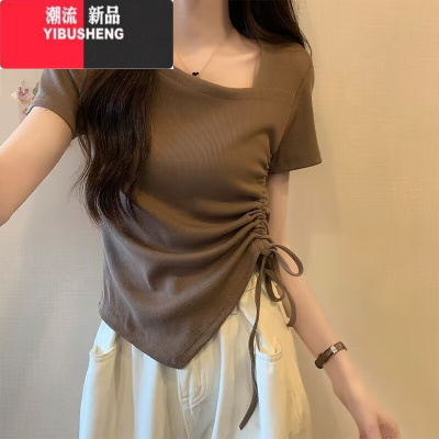YIBUSHENG韩系chic港风抽绳短袖T恤女季修身显瘦不规则短款斜领半袖上衣