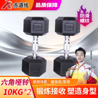 赤道线 六角哑铃举重练臂铸铁哑铃家用健身器材商用男士运动包胶哑铃10KG/对 CDX-1009S-YLL10