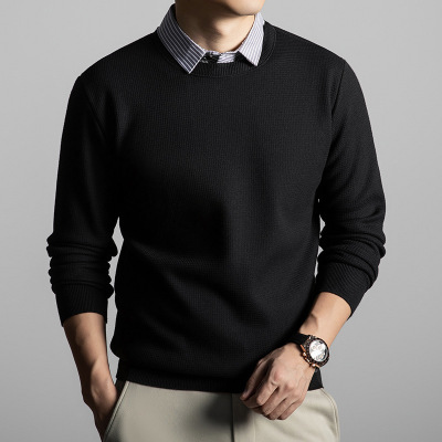 含羊毛加绒假两件毛衣男冬季新款翻领休闲保暖打底男士针织衫
