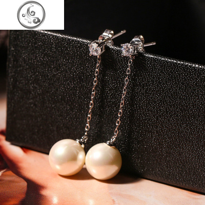 S925纯银锆石珍珠流苏耳线耳坠气质耳环长款耳挂简约耳饰品女 JiMi