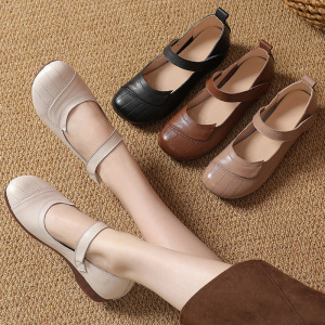 头层牛皮大码魔术贴春秋单鞋圆头浅口低跟牛筋软底妈妈鞋