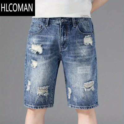 HLCOMAN破洞牛仔短裤男夏季薄款宽松直筒五分裤潮牌ins男士休闲5分中裤子