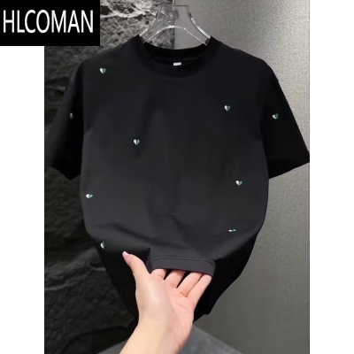 HLCOMAN夏季新款简约小爱心刺绣休闲短袖T恤男士时尚百搭圆领半袖打底衫