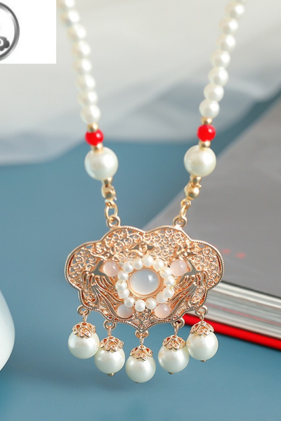 JiMi珍珠项链古风项圈手工汉服旗袍民族风宋风日常如意锁复古软璎珞