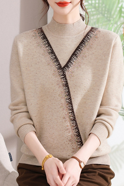 新款烫钻妈妈装女中老年人冬装加绒上衣40-60岁针织衫中年毛衣厚