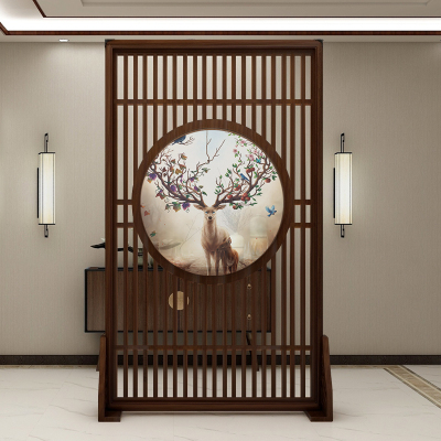 新中式屏风隔断客厅入户北欧栅栏轻奢风屏风实木镂空半透纱画座屏 定制120*180cm胡桃木 整装