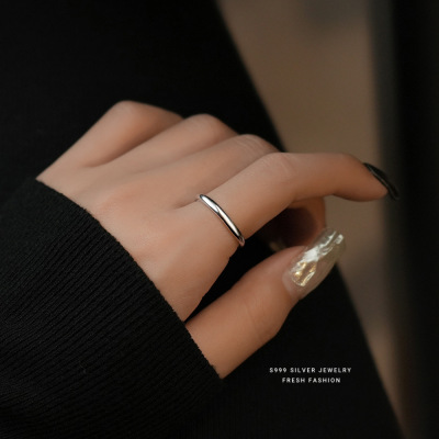 s999足银素圈光面戒指女极简设计简约网红对戒可刻字可调节开口戒送女朋友老婆情人节七夕生日礼物