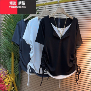 YIBUSHENG胖MM300斤大码季假两件拼接宽松韩版时尚新款抽绳短袖上衣t恤女