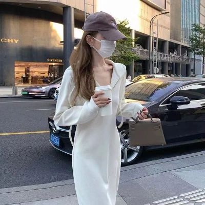 法式白色卫衣连衣裙子春秋季新款女装小个子设计感显高连帽长裙潮