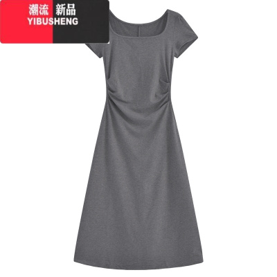 YIBUSHENG季新款女方领短袖连衣裙小个子法式收腰修身包臀裙中长款连衣裙