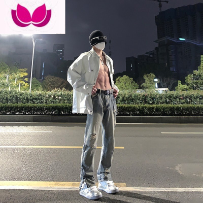 七斓西海岸美式裤子高街vibe拉链开叉破洞牛仔裤男修身小脚痞帅微喇裤