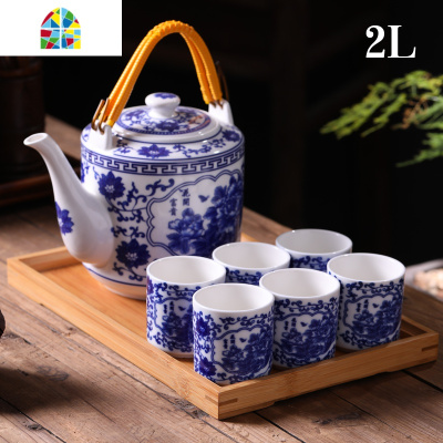 大号景德镇陶瓷茶具套装家用中式凉水冷水茶壶茶杯提梁可高温防爆 FENGHOU 清新玫瑰4L(一壶六杯)送竹托盘凉水壶