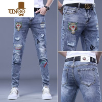 YANXU欧洲站2023年男士牛仔裤修身小脚破洞刺绣休闲百搭弹力裤子男
