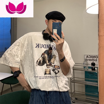 七斓美式冰丝绒短袖t恤男夏季薄款ins潮牌欧美高街设计感小众大码半袖