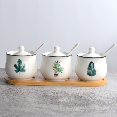 陶瓷调味罐套装厨房用品佐料瓶家用盐味精组合装调味瓶带盖勺铁架 敬平 绿叶三件套木托盘