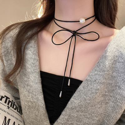 黑色蝴蝶结珍珠项链配饰女2024新款chocke颈链轻奢小众设计锁骨链送女朋友老婆情人节七夕生日礼物