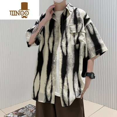 YANXU扎染感衬衫男短袖夏季高街潮牌痞风复古宽松半袖寸衫外套