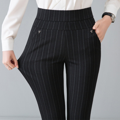 迪鲁奥(DILUAO)新款女装妈妈裤子春秋2021新款外穿松紧高腰中年女裤条纹薄款宽松休闲长裤