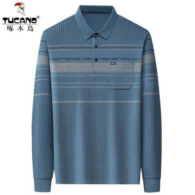 啄木鸟2025春秋季长袖T恤翻领带口袋男士中老年爸爸装上衣polo衫