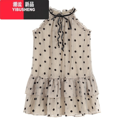 YIBUSHENG法式系带波点挂脖连衣裙女季气质宽松a字裙复古桔梗休闲短裙子