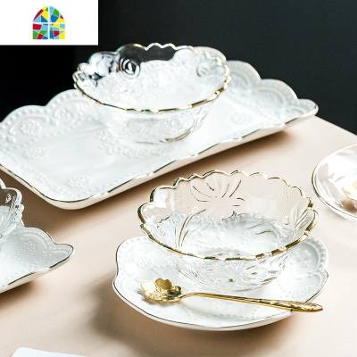 日式金边水晶玻璃碗 燕窝碗碟糖水碗银耳汤碗盅雪糕沙拉碗甜品碗 FENGHOU B款+方盘送勺