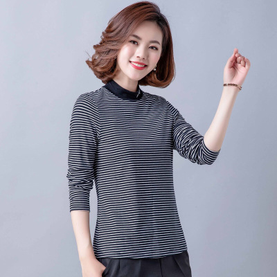 迪鲁奥(DILUAO)棉半高领打底衫中年妈妈条纹衬衫袖修身显瘦条纹内搭贴身舒适上衣