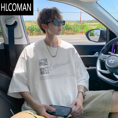 HLCOMAN夏季短袖t恤男装2025新款青少年潮流设计感宽松半袖圆领上衣