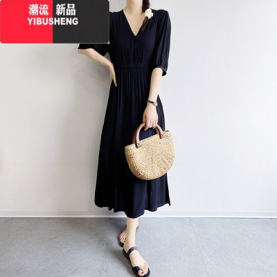 YIBUSHENG季时尚新款棉绸连衣裙女人造棉抽绳V领碎花外穿收腰中长款裙子
