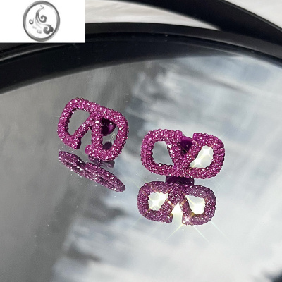 JiMi小众设计感高级暗玫红色微镶满钻V字母耳环2023新款气质耳钉ins潮