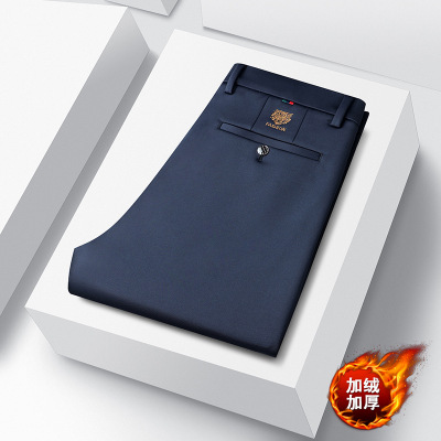 秋冬季新款加绒休闲裤男长裤中高腰直筒商务中年爸爸弹力男士西裤