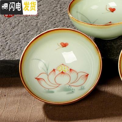 三维工匠景德镇手绘茶具套装家用礼盒陶瓷荷花盖碗泡茶杯功夫青花整套 蝶舞夏荷[单杯]