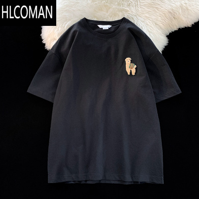 HLCOMAN短袖T恤男款夏季潮流简约植绒印花半袖港风ins休闲宽松T恤衫