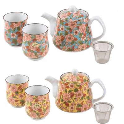 日本进口有田烧花卉提把陶瓷茶壶茶杯一壶二杯带礼盒 野樱蓝色野樱黄色随机发(单位:套)