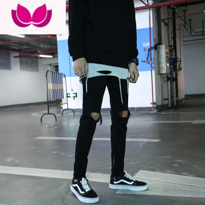 七斓黑色牛仔裤男款破洞裤男生高街小脚裤男裤休闲裤潮牌美式裤子男士