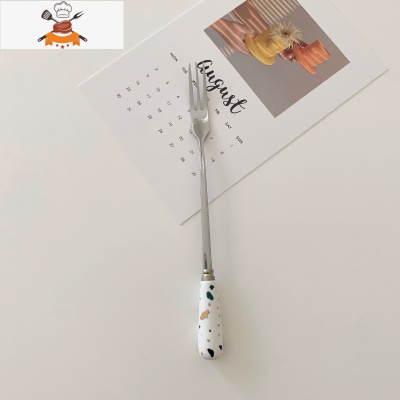 ins风碎石纹陶瓷手柄不锈钢餐具 刀叉勺套装石英贴花金色哑光勺子 敬平 碎石纹水果叉[长16cm]