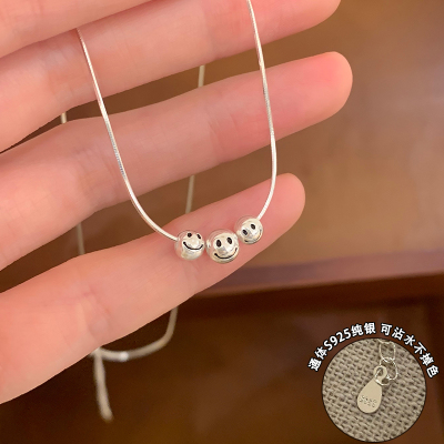 纯银复古笑脸圆珠项链女款2025新款个性时尚锁骨链百搭银饰潮送女朋友老婆情人节七夕生日礼物