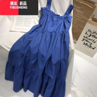 YIBUSHENG胖mm大码韩版季遮肚宽松显瘦背带连衣裙克莱因蓝吊带裙