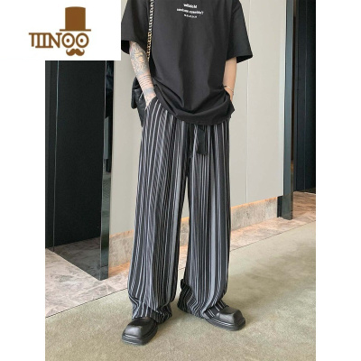 YANXU日系复古条纹撞色垂感休闲直筒长裤男小众潮牌肌理感宽松阔腿裤子