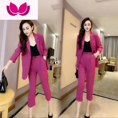 七斓抖音小个子西服职业套装女秋装黄色显白显瘦外套九分裤套