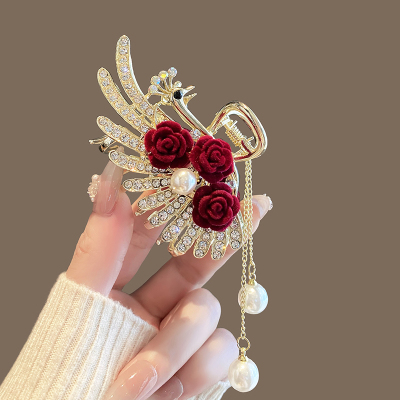 古风玫瑰花孔雀流苏抓夹女后脑勺半扎中号鲨鱼夹2024新款发夹头饰送女朋友老婆情人节七夕生日礼物
